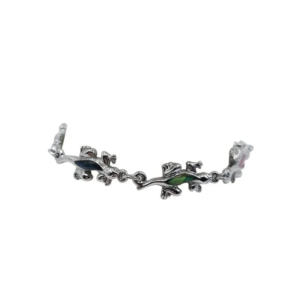 Multicolor Abalone Inlay Lizard Link Bangle Bracelet Silver Tone Vintage